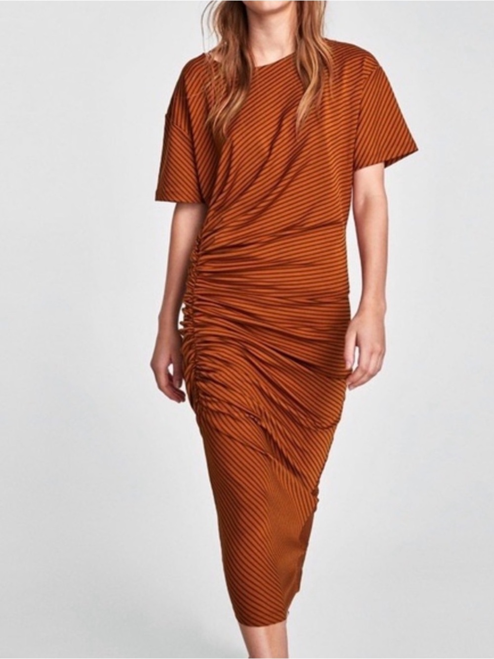 Zara Striped Ruched Midi Dress in Burnt Orange